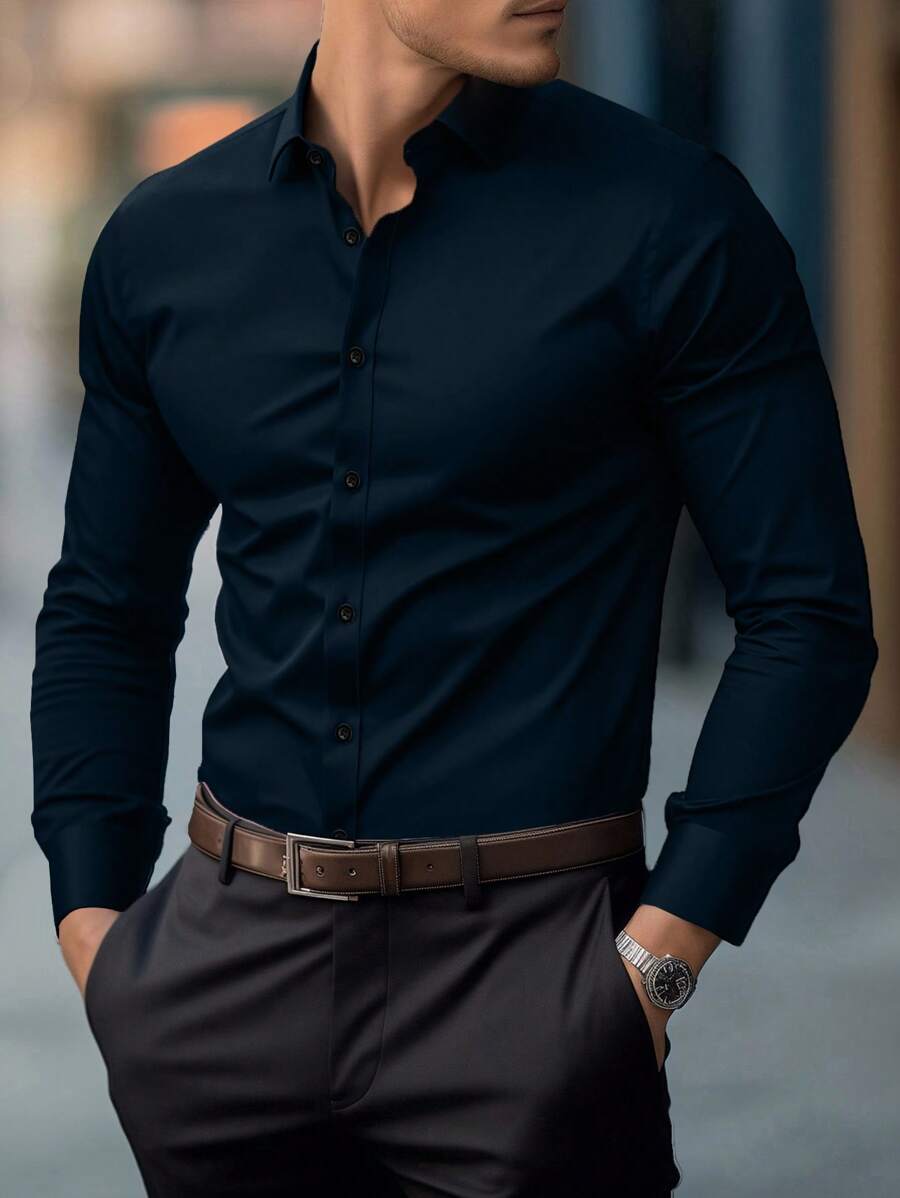 Shirt Shop Stand Collar Button-Up Long Sleeve Polyester Stretch – Marvo