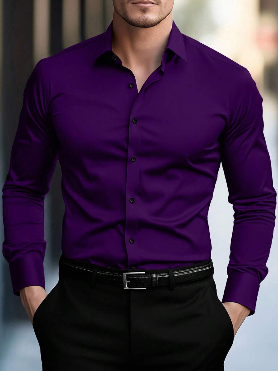 Shirt Shop Stand Collar Button-Up Long Sleeve Polyester Stretch – Marvo