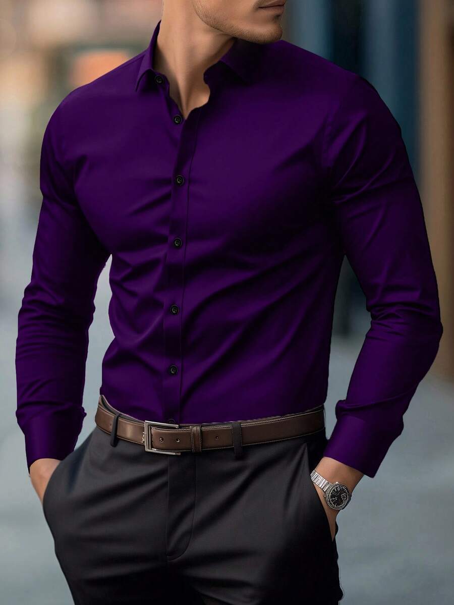 Shirt Shop Stand Collar Button-Up Long Sleeve Polyester Stretch – Marvo