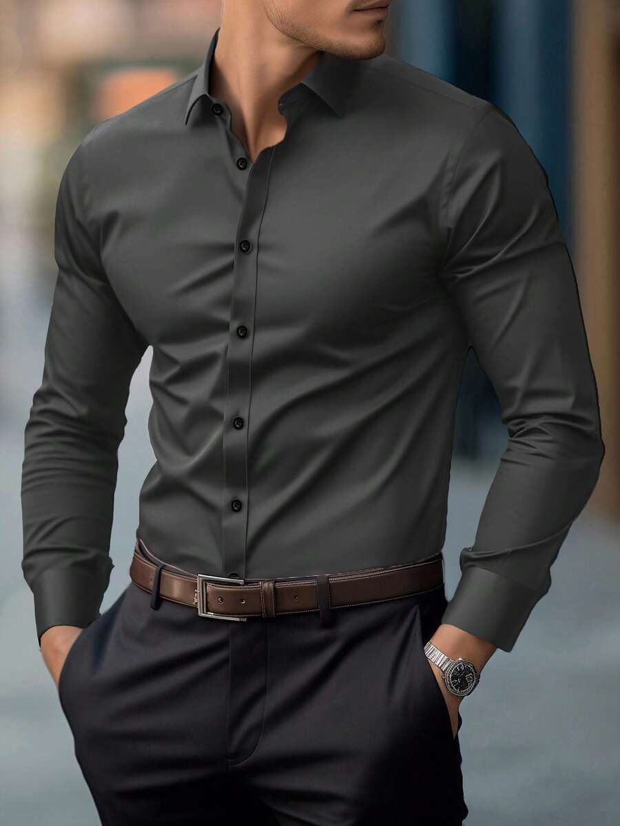 Shirt Shop Stand Collar Button-Up Long Sleeve Polyester Stretch – Marvo