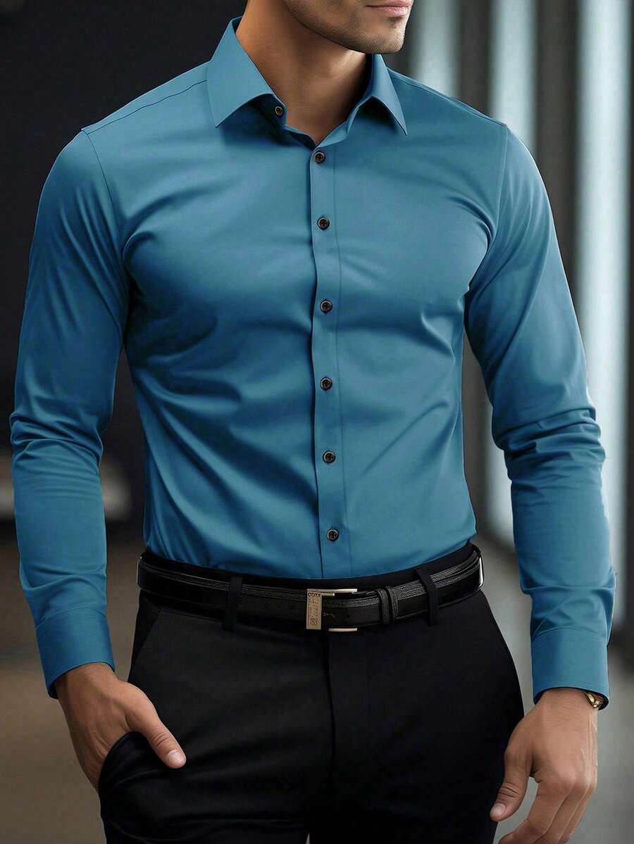 Shirt Shop Stand Collar Button-Up Long Sleeve Polyester Stretch – Marvo