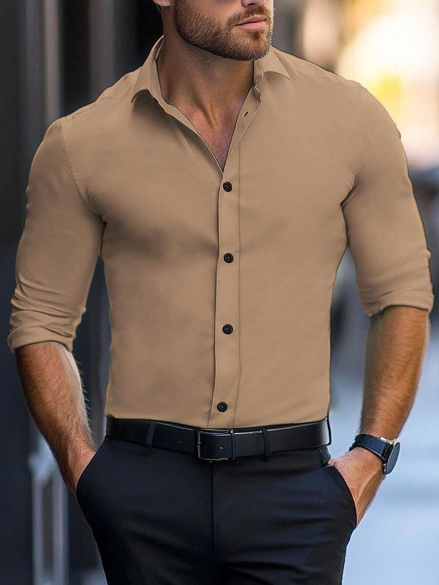 Shirt Shop Stand Collar Button-Up Long Sleeve Polyester Stretch – Marvo