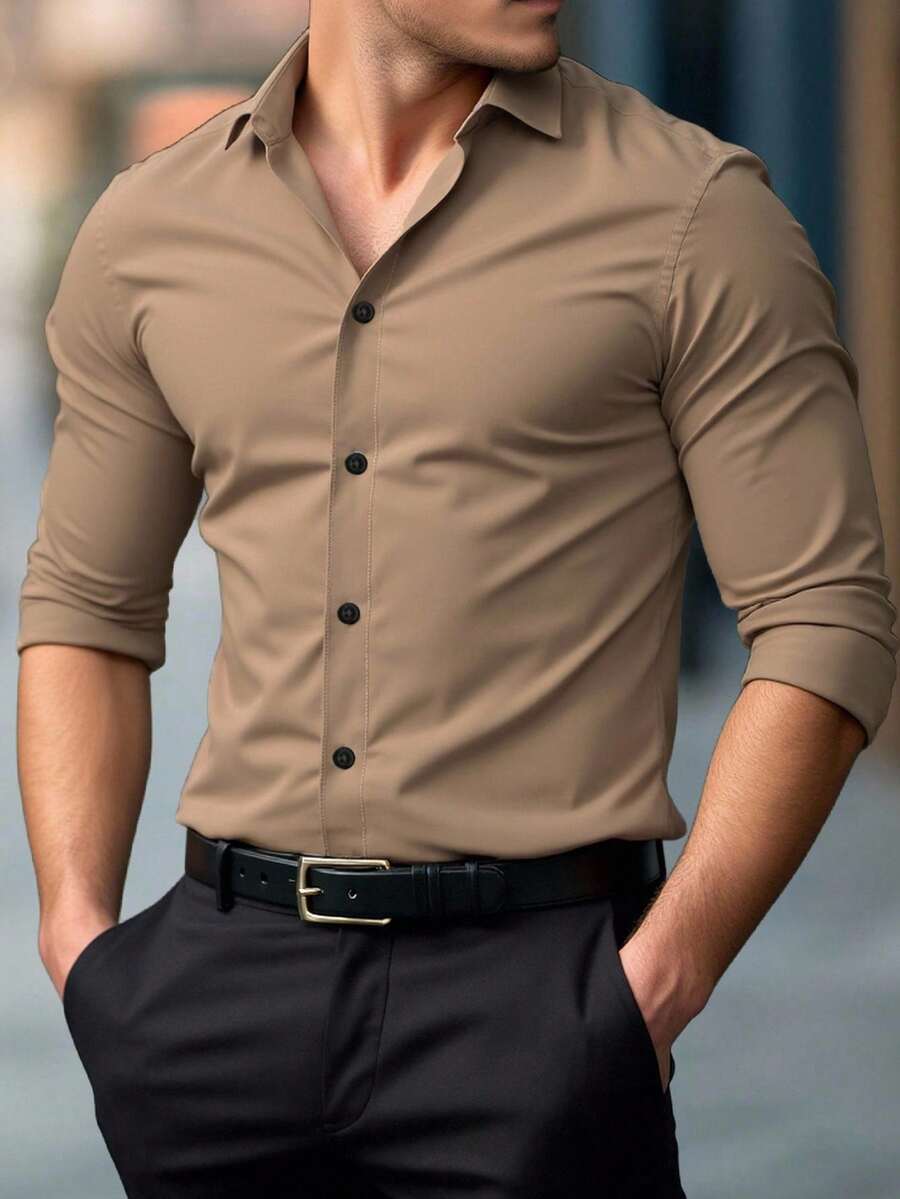 Shirt Shop Stand Collar Button-Up Long Sleeve Polyester Stretch – Marvo