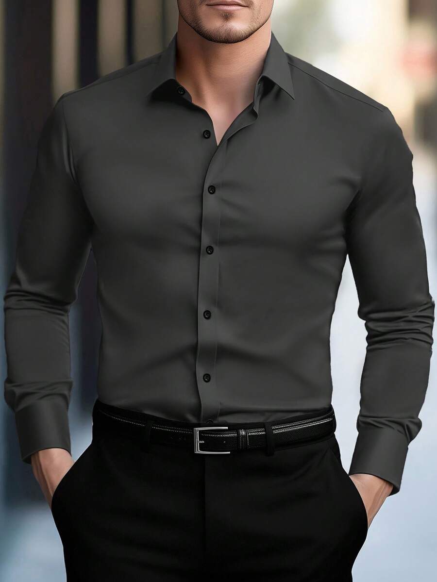Shirt Shop Stand Collar Button-Up Long Sleeve Polyester Stretch – Marvo