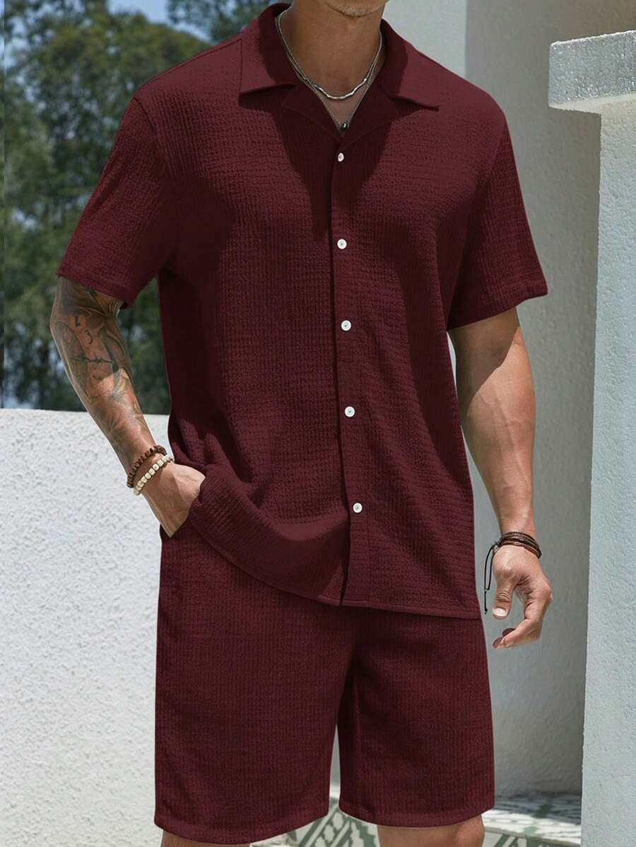 Mens Pant and Shirt Set Jacquard Short Sleeve Button-Up – Vornel