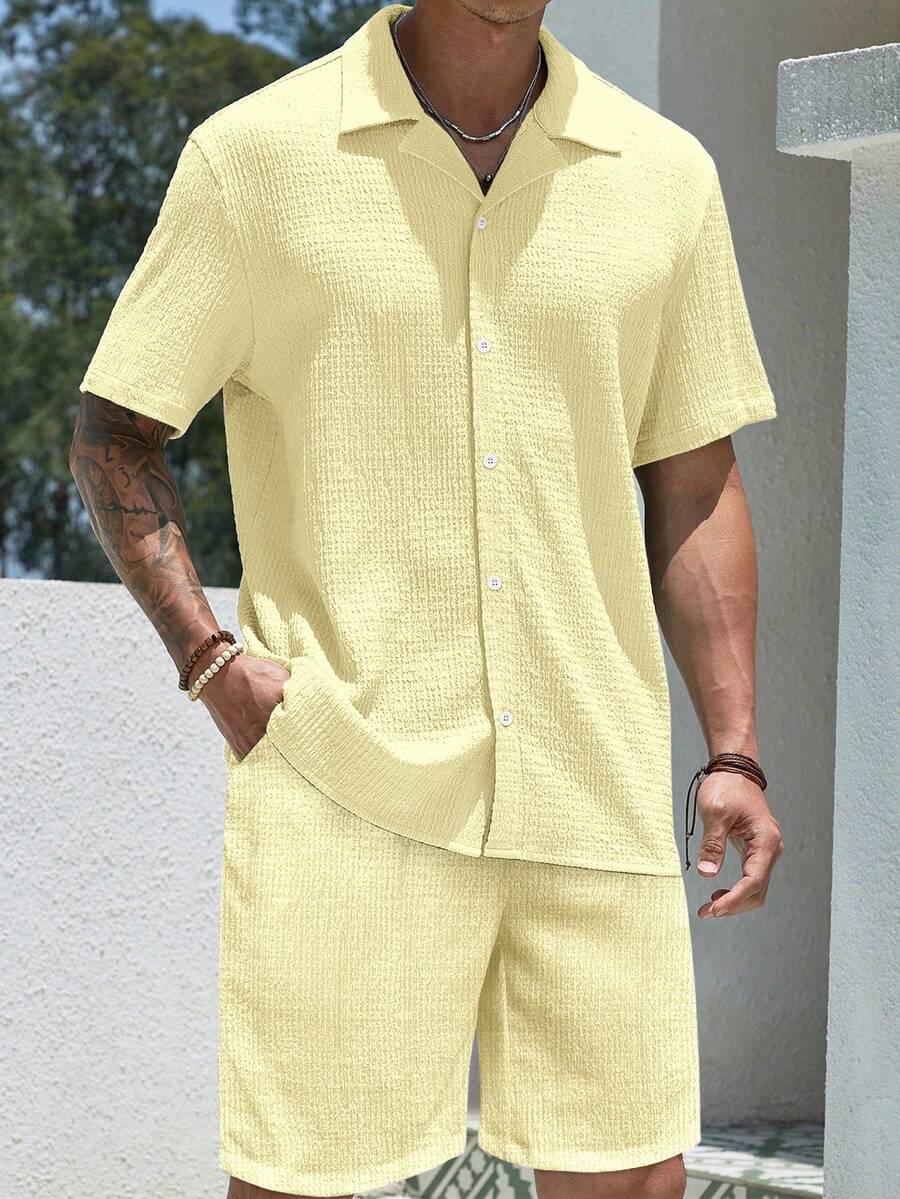 Mens Pant and Shirt Set Jacquard Short Sleeve Button-Up – Vornel