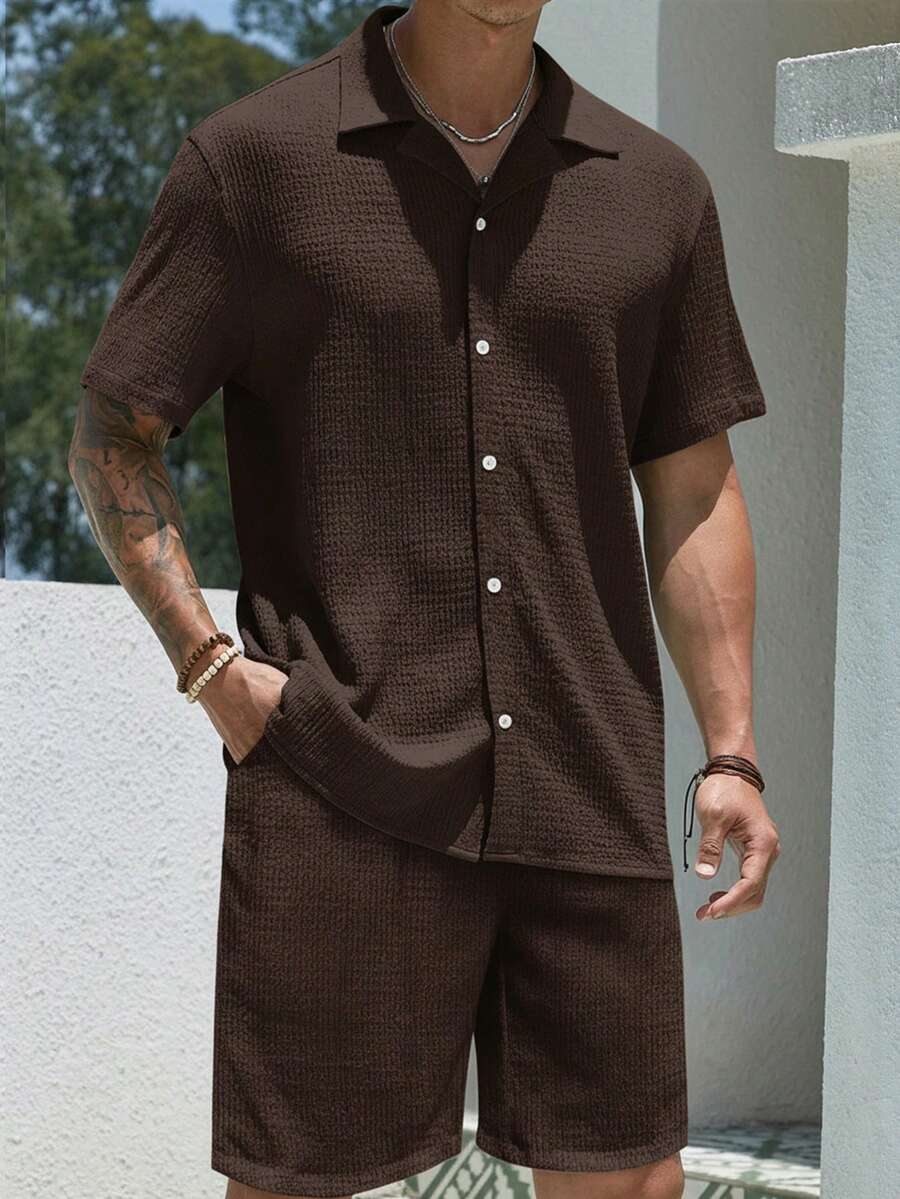 Mens Pant and Shirt Set Jacquard Short Sleeve Button-Up – Vornel