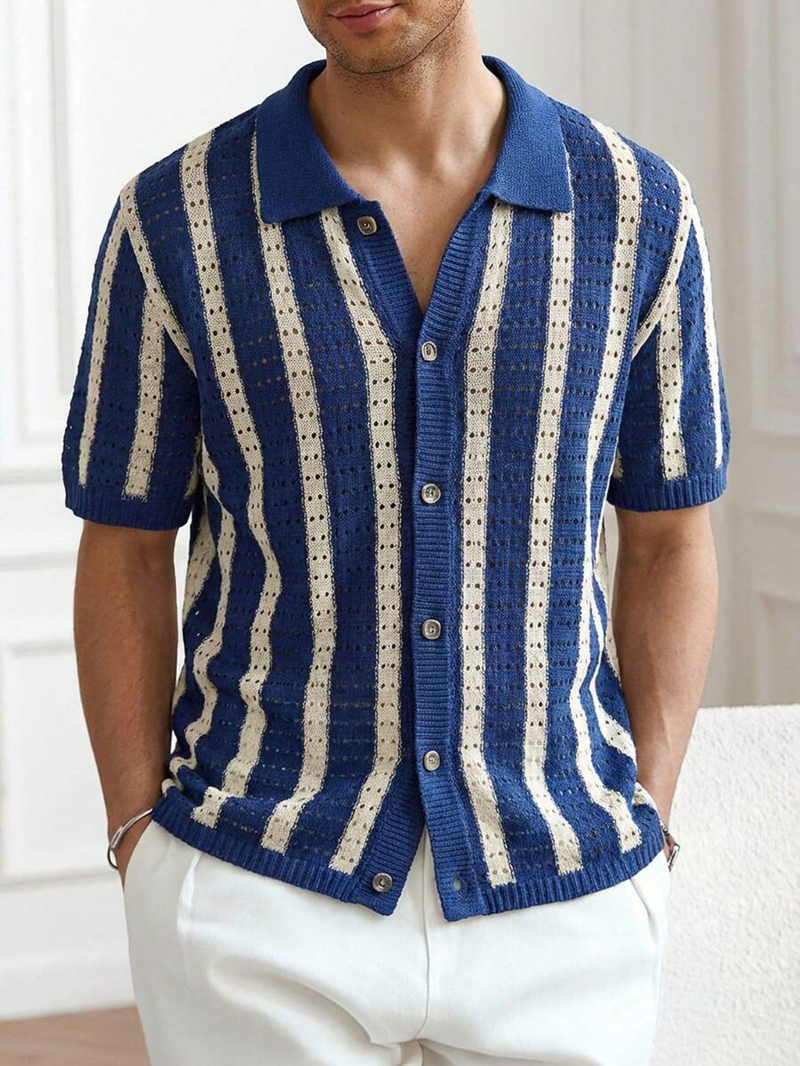 Mens Short Sleeve Crochet Knit Shirt Stripe Button Front – Vanto