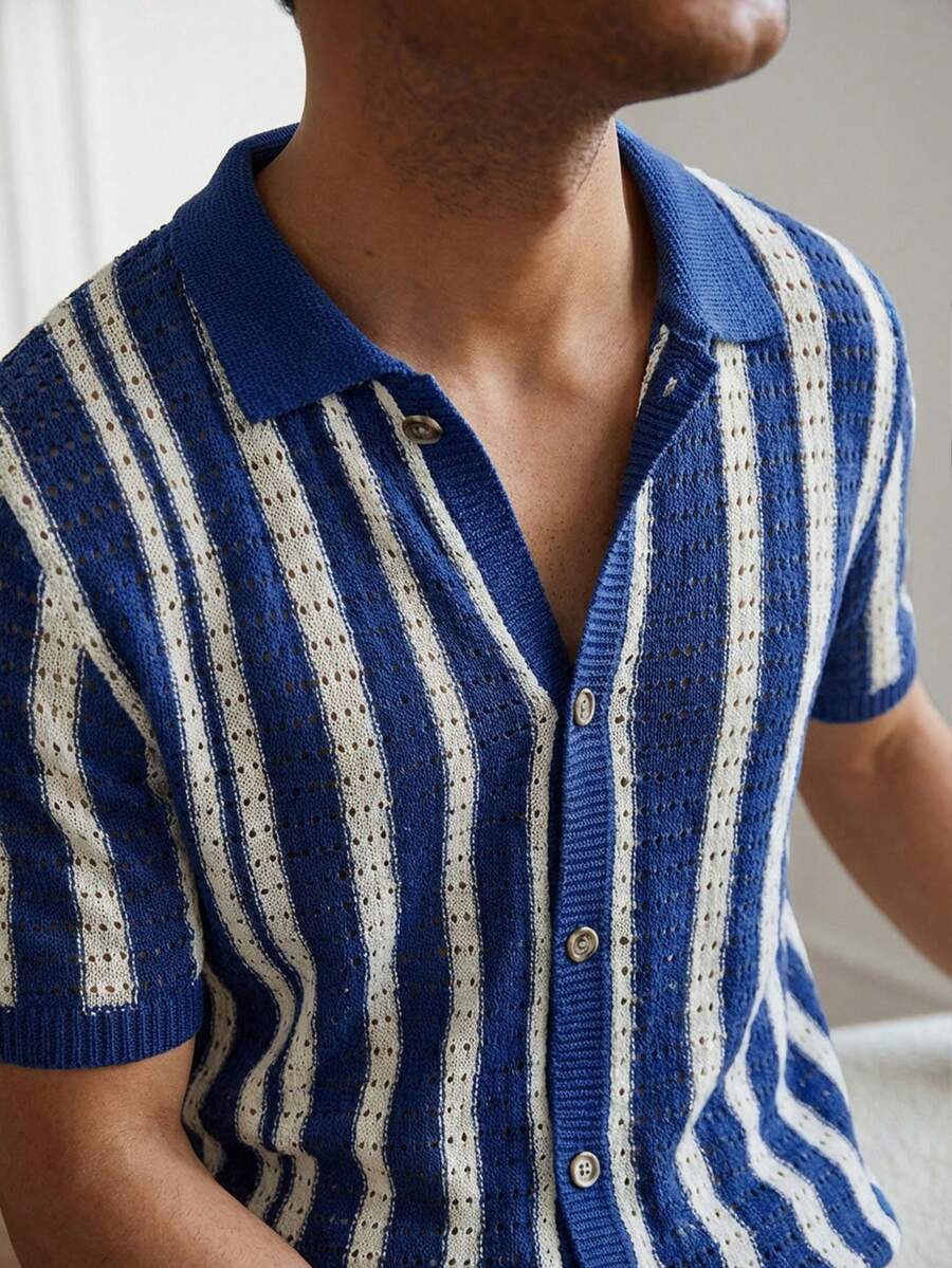 Mens Short Sleeve Crochet Knit Shirt Stripe Button Front – Vanto
