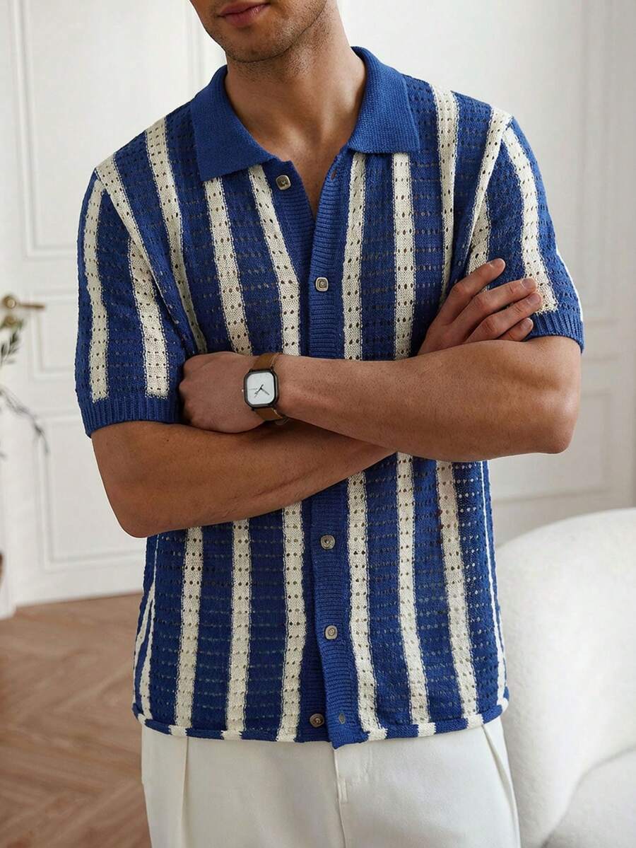 Mens Short Sleeve Crochet Knit Shirt Stripe Button Front – Vanto