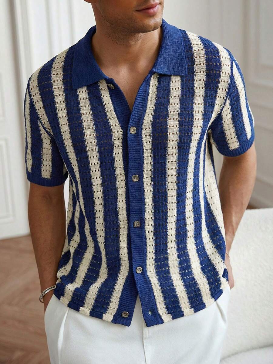 Mens Short Sleeve Crochet Knit Shirt Stripe Button Front – Vanto