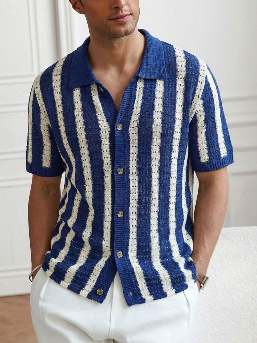 Mens Short Sleeve Crochet Knit Shirt Stripe Button Front – Vanto