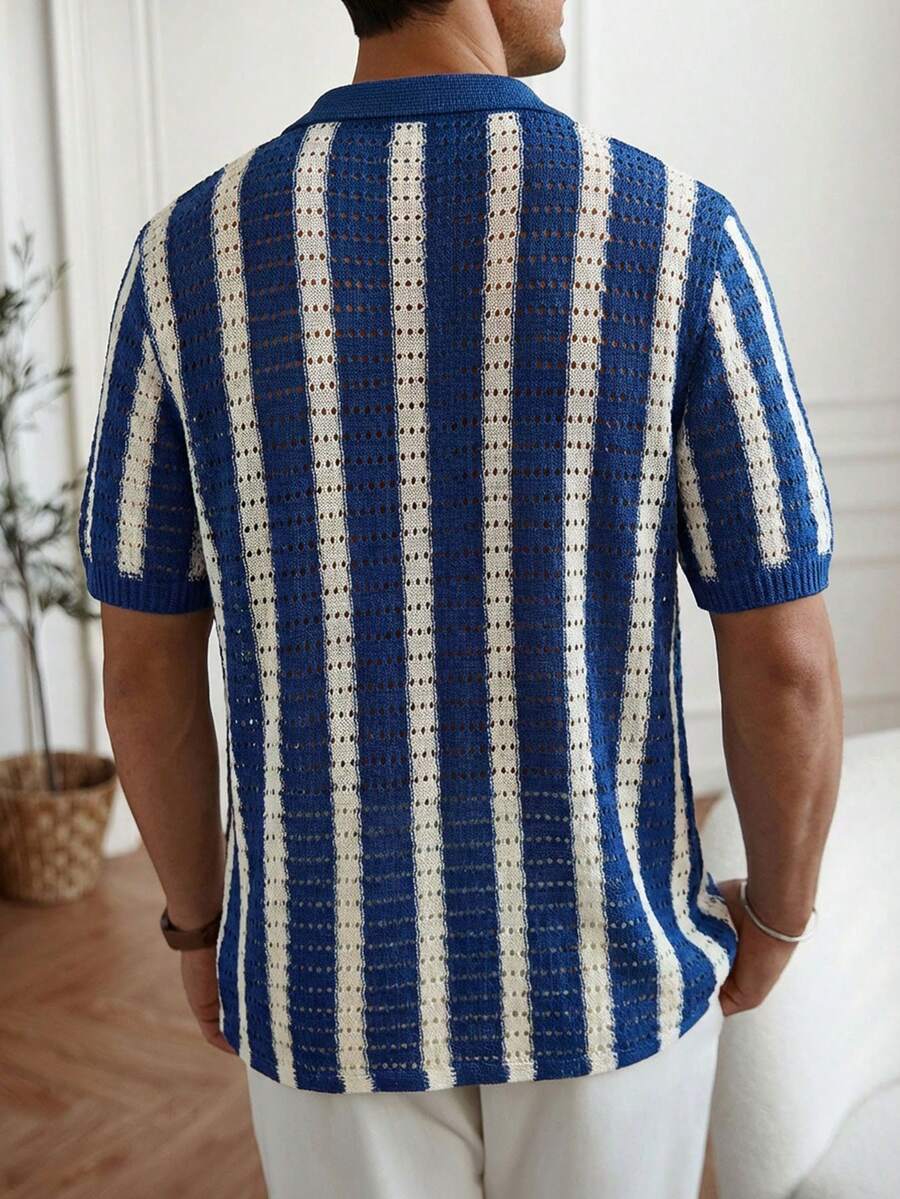 Mens Short Sleeve Crochet Knit Shirt Stripe Button Front – Vanto