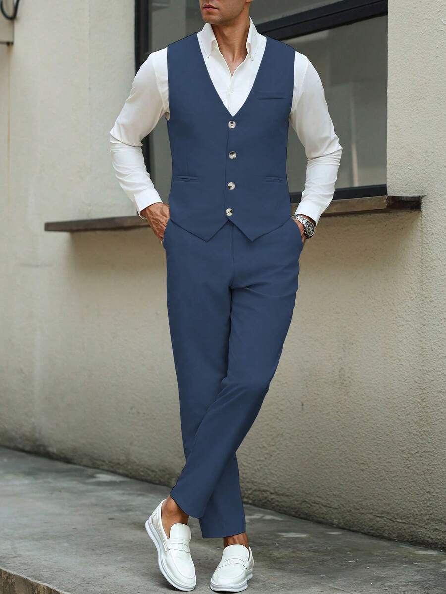 Mens Pant and Vest Set Woven Polyester V-Neck Sleeveless 2-Piece Formal – Galso