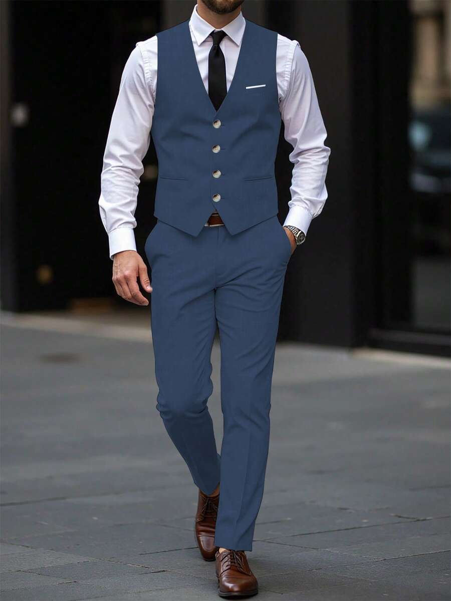Mens Pant and Vest Set Woven Polyester V-Neck Sleeveless 2-Piece Formal – Galso