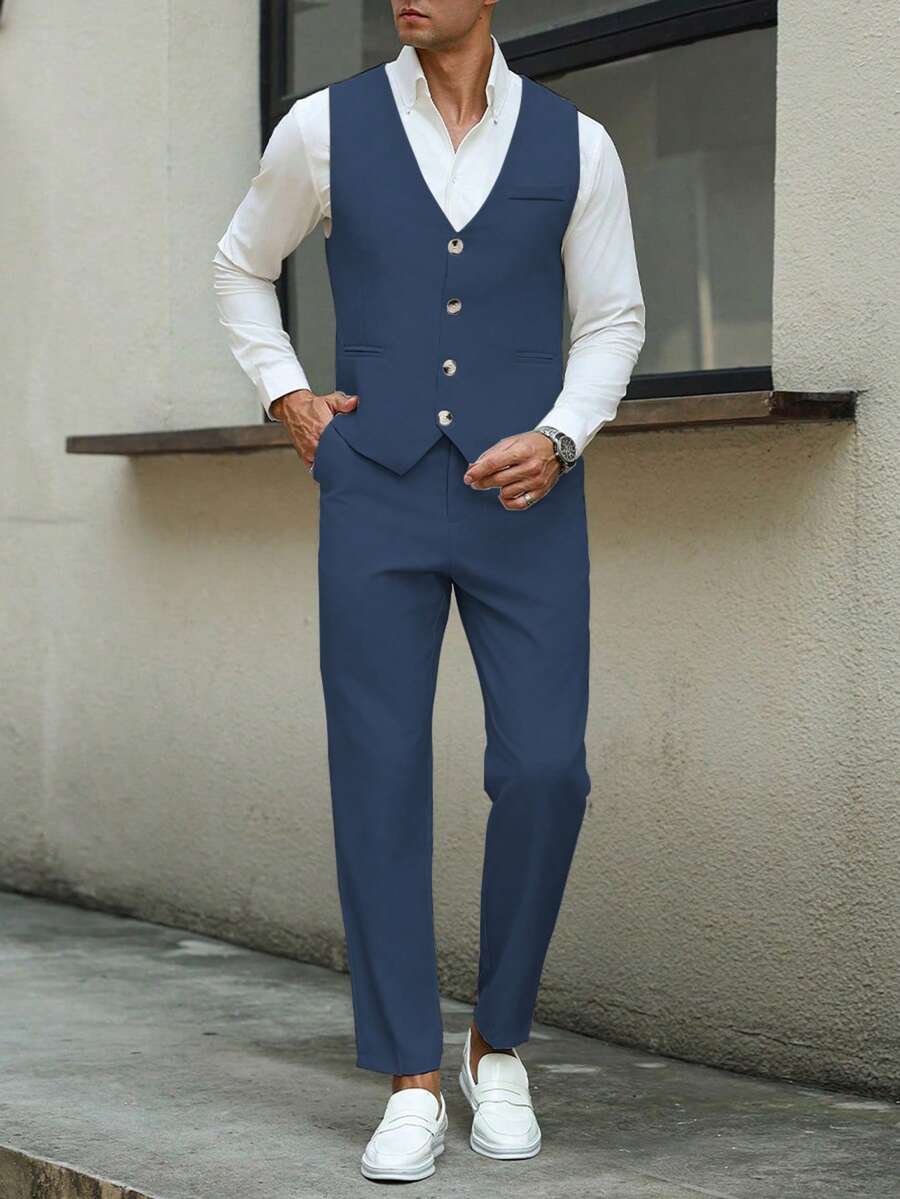Mens Pant and Vest Set Woven Polyester V-Neck Sleeveless 2-Piece Formal – Galso