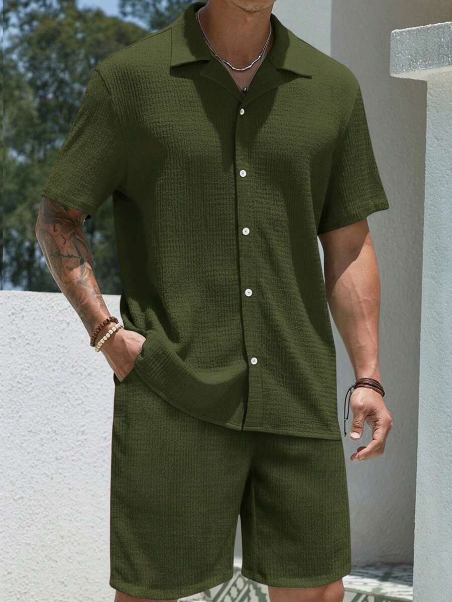 Mens Pant and Shirt Set Jacquard Short Sleeve Button-Up – Vornel
