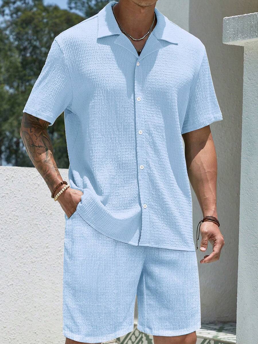 Mens Pant and Shirt Set Jacquard Short Sleeve Button-Up – Vornel