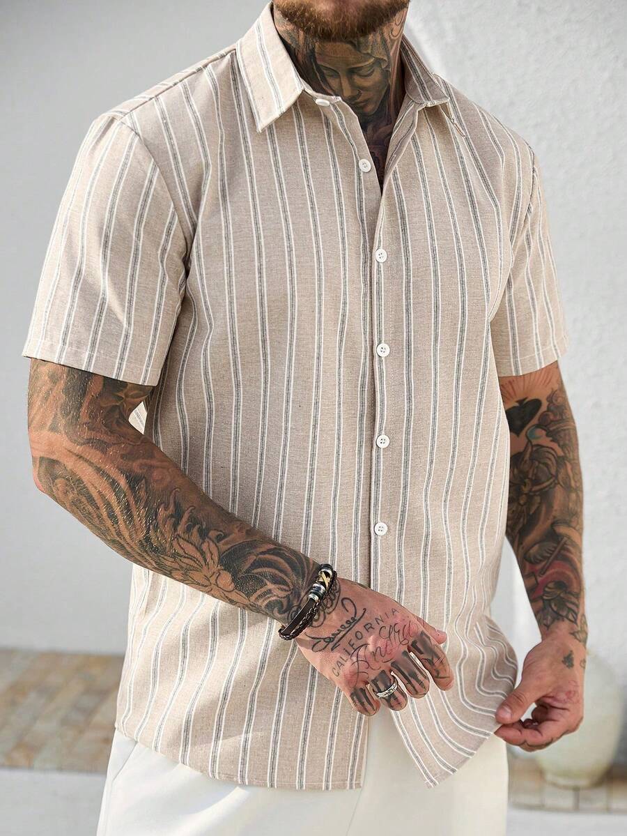 Mens Short Sleeve Button-Down Shirt Polyester Blend Regular Fit – Faldon