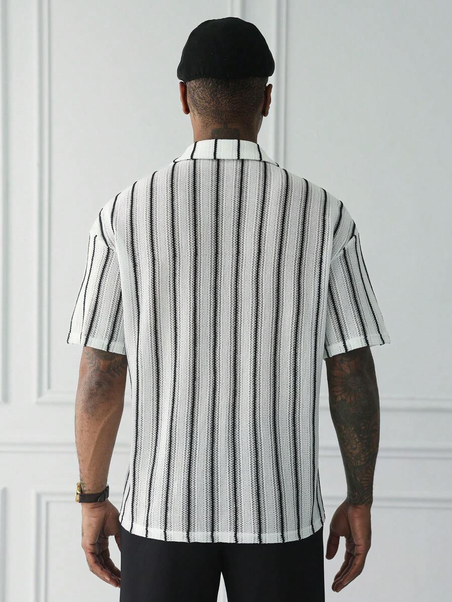 Mens Short Sleeve Crochet Shirt Jacquard Stripe Loose Fit – Darco