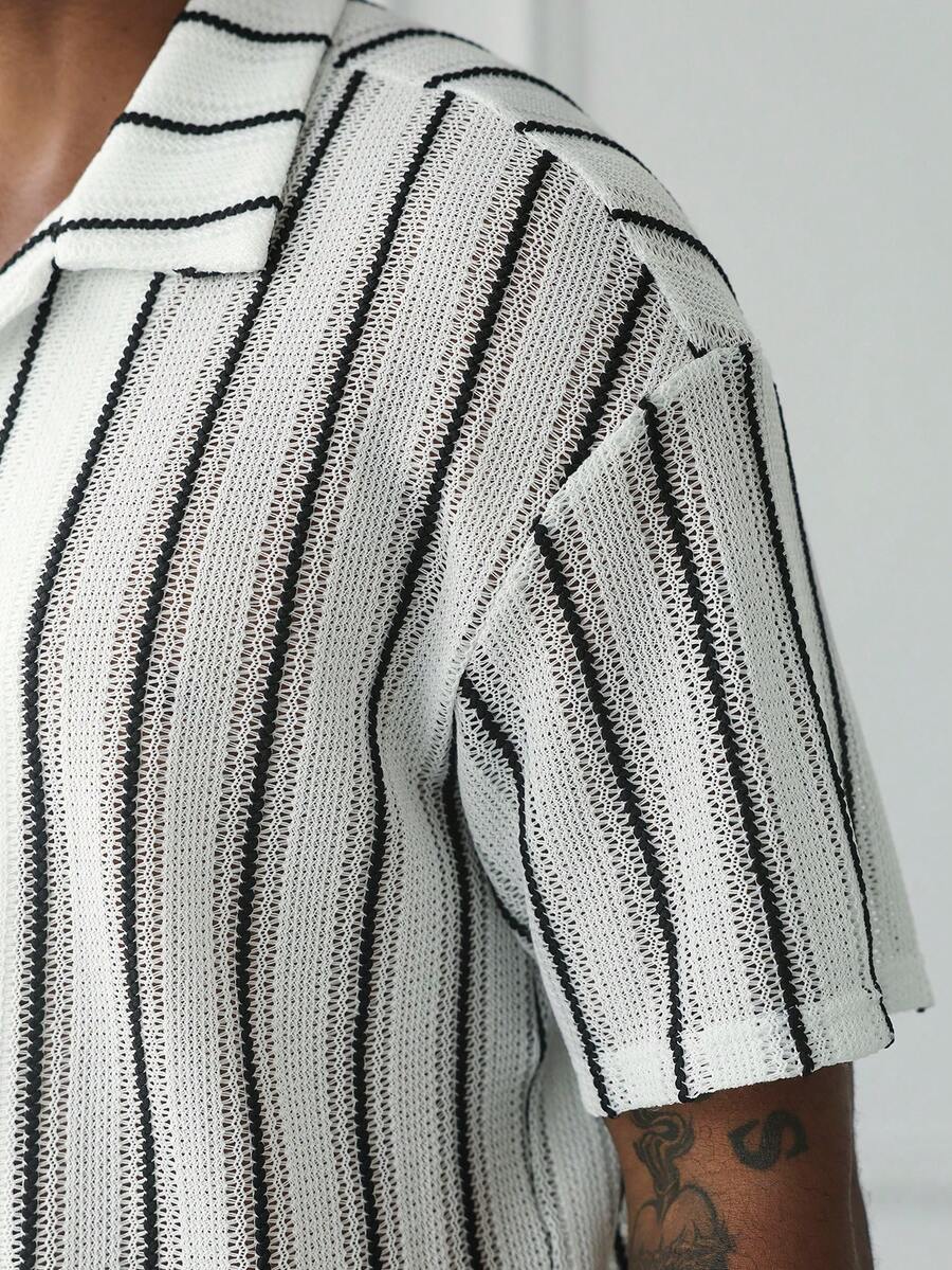 Mens Short Sleeve Crochet Shirt Jacquard Stripe Loose Fit – Darco