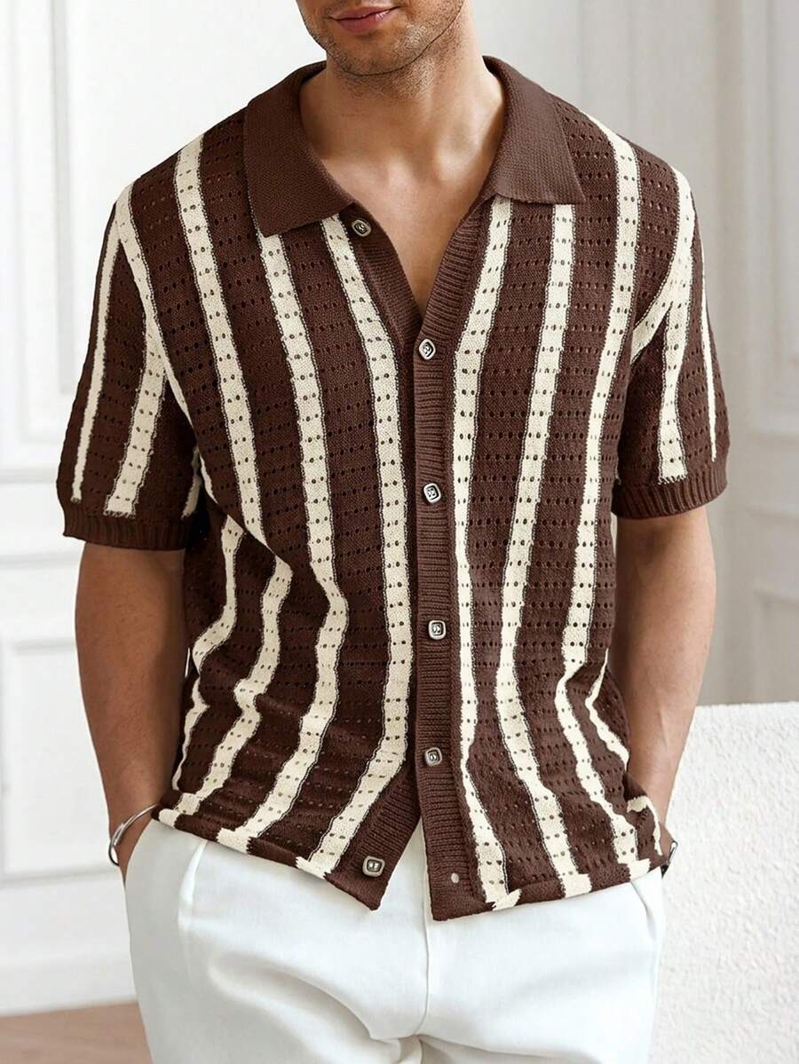 Mens Short Sleeve Crochet Knit Shirt Stripe Button Front – Vanto