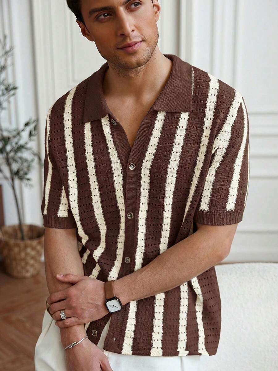 Mens Short Sleeve Crochet Knit Shirt Stripe Button Front – Vanto