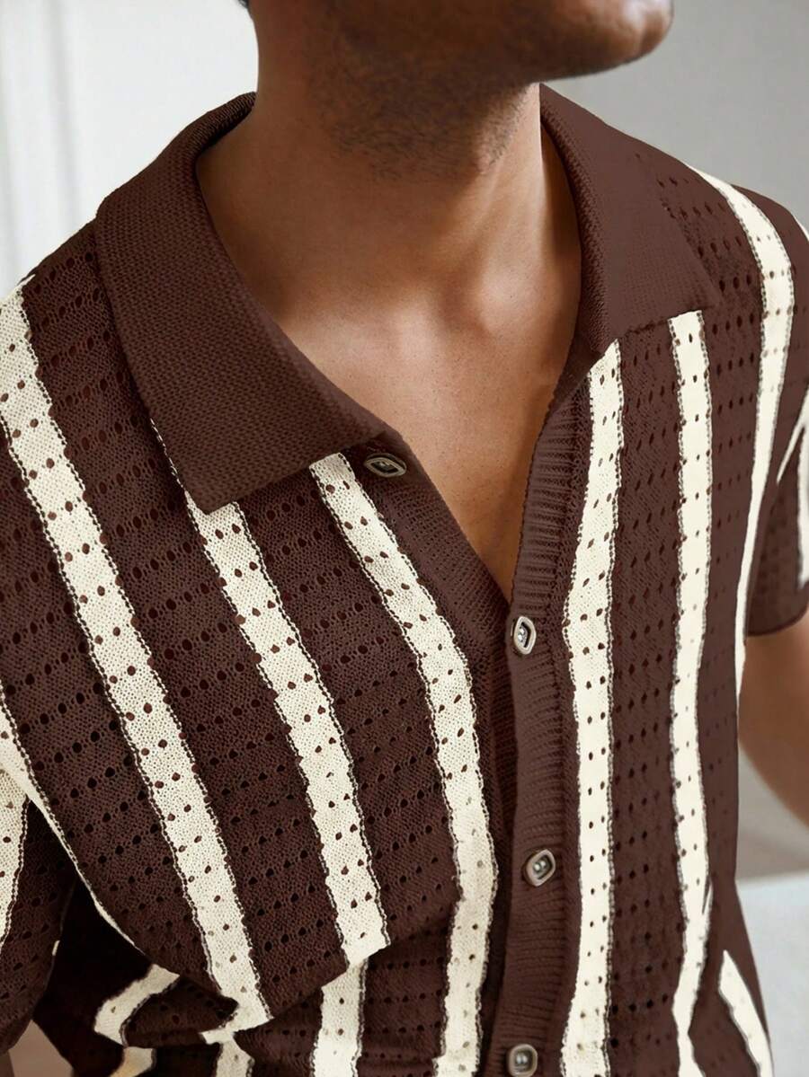 Mens Short Sleeve Crochet Knit Shirt Stripe Button Front – Vanto