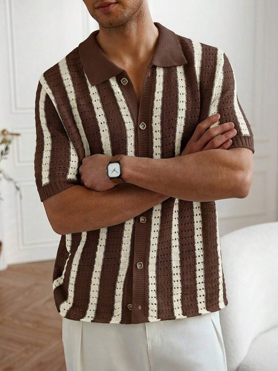 Mens Short Sleeve Crochet Knit Shirt Stripe Button Front – Vanto