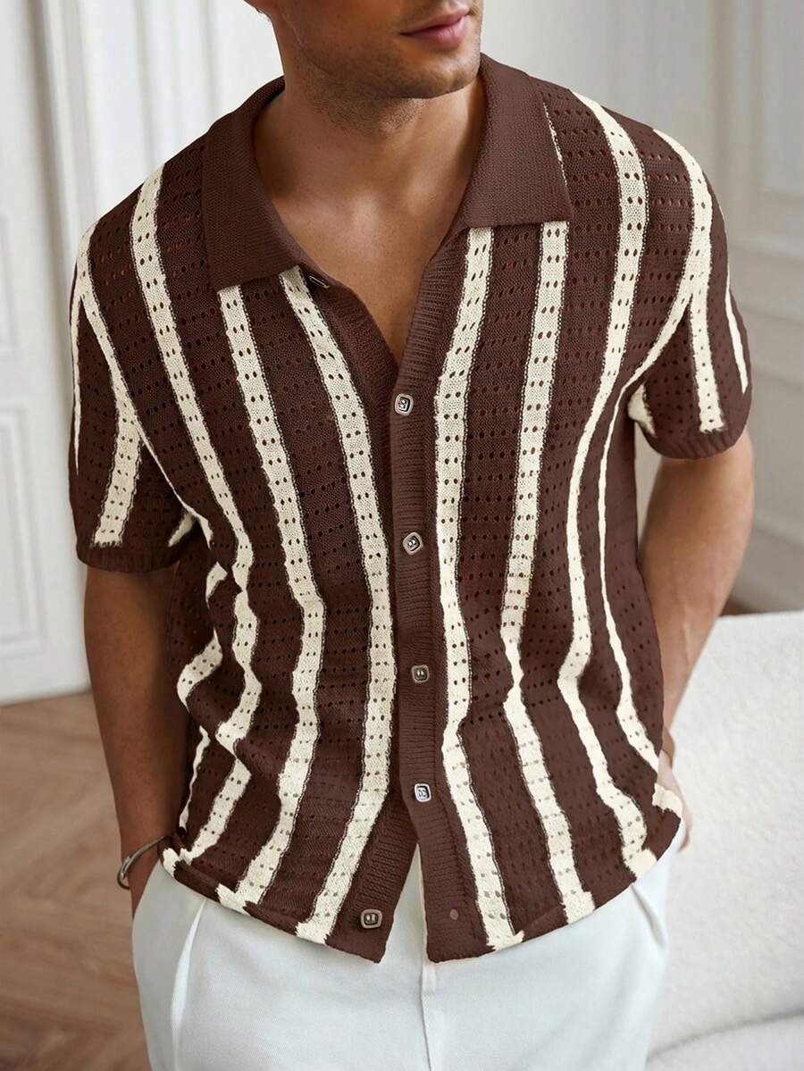Mens Short Sleeve Crochet Knit Shirt Stripe Button Front – Vanto