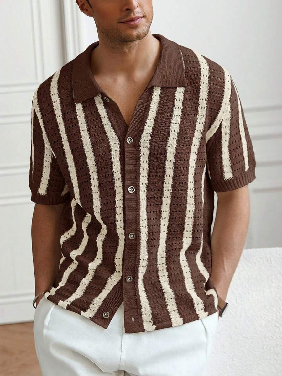 Mens Short Sleeve Crochet Knit Shirt Stripe Button Front – Vanto