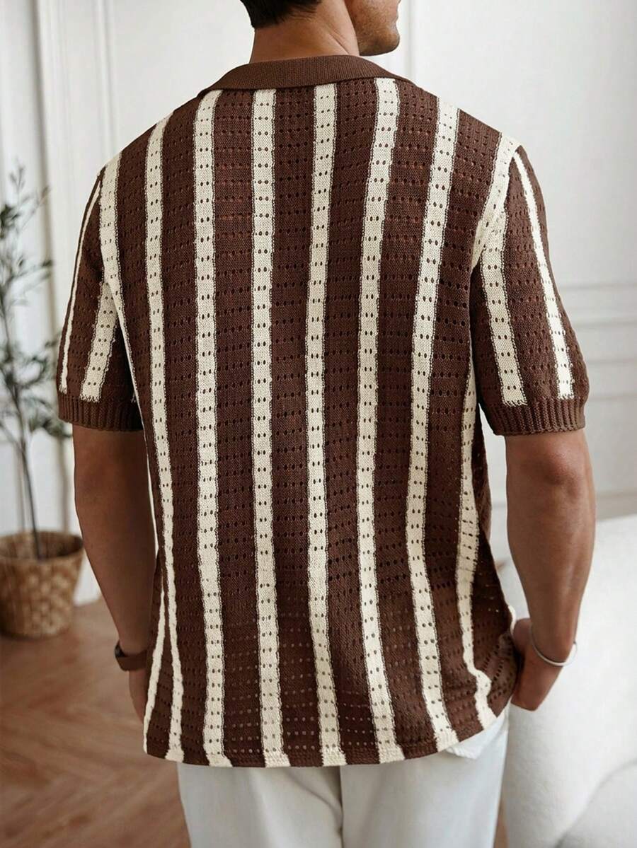 Mens Short Sleeve Crochet Knit Shirt Stripe Button Front – Vanto