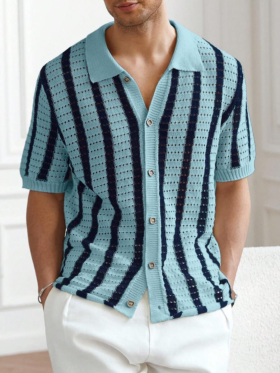 Mens Short Sleeve Crochet Knit Shirt Stripe Button Front – Vanto
