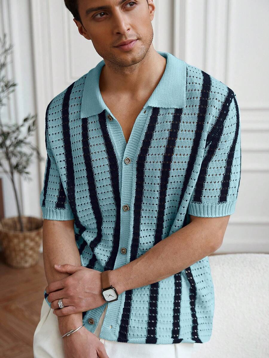 Mens Short Sleeve Crochet Knit Shirt Stripe Button Front – Vanto
