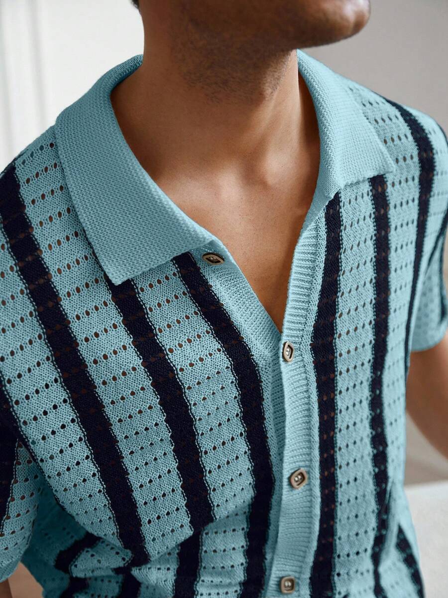 Mens Short Sleeve Crochet Knit Shirt Stripe Button Front – Vanto