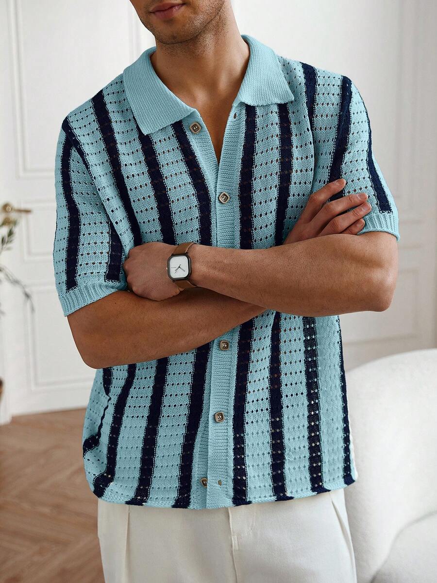 Mens Short Sleeve Crochet Knit Shirt Stripe Button Front – Vanto