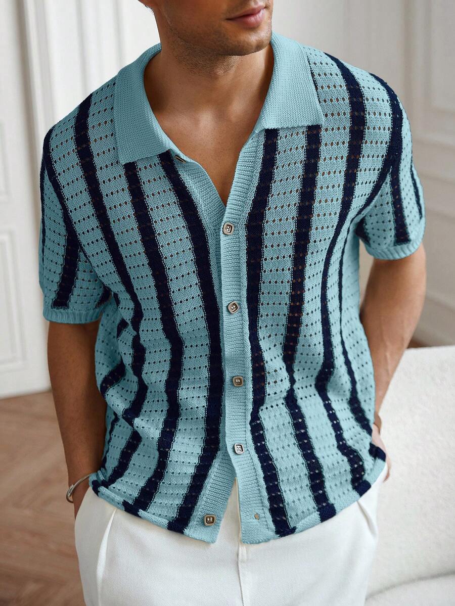 Mens Short Sleeve Crochet Knit Shirt Stripe Button Front – Vanto