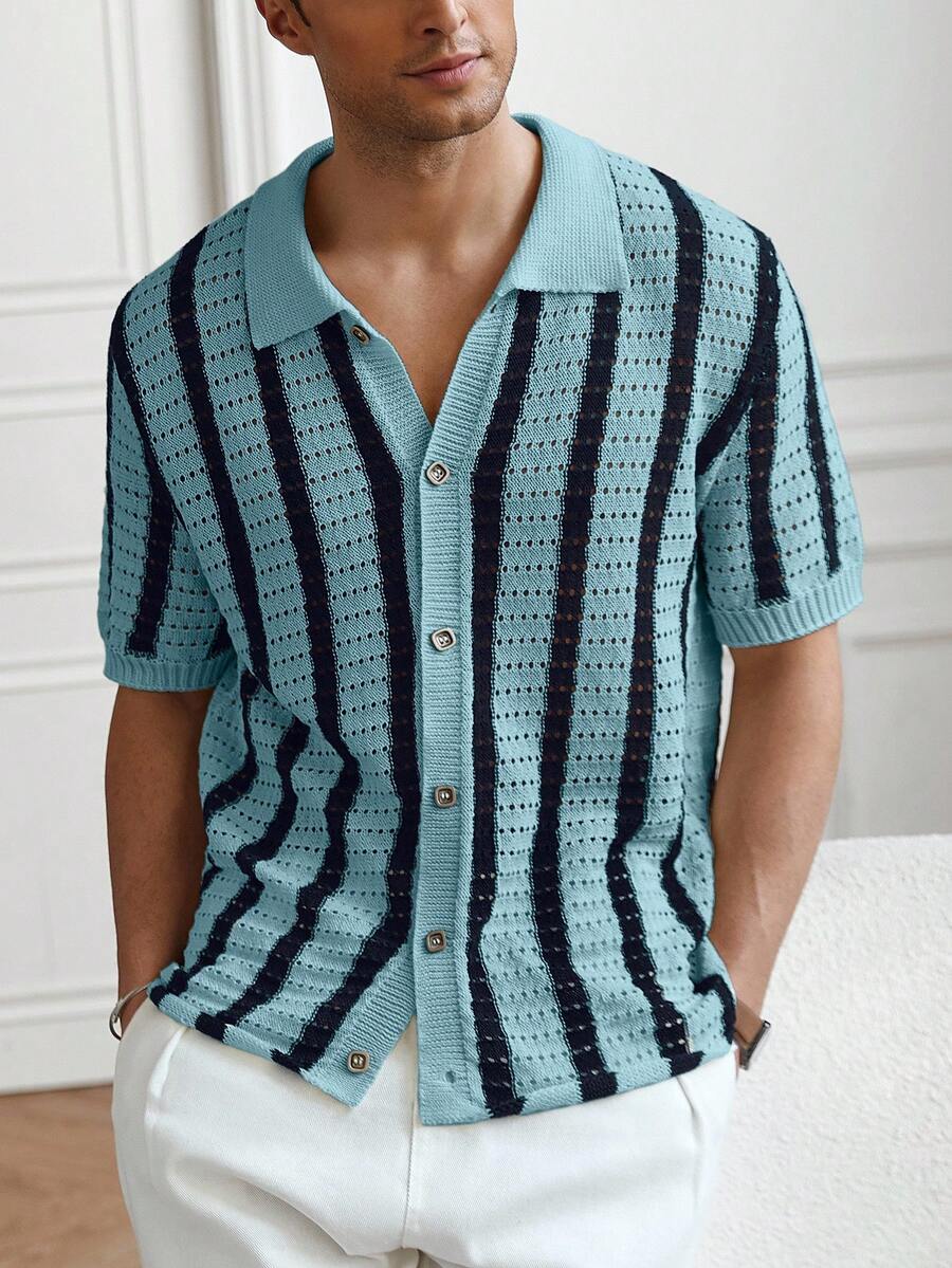 Mens Short Sleeve Crochet Knit Shirt Stripe Button Front – Vanto