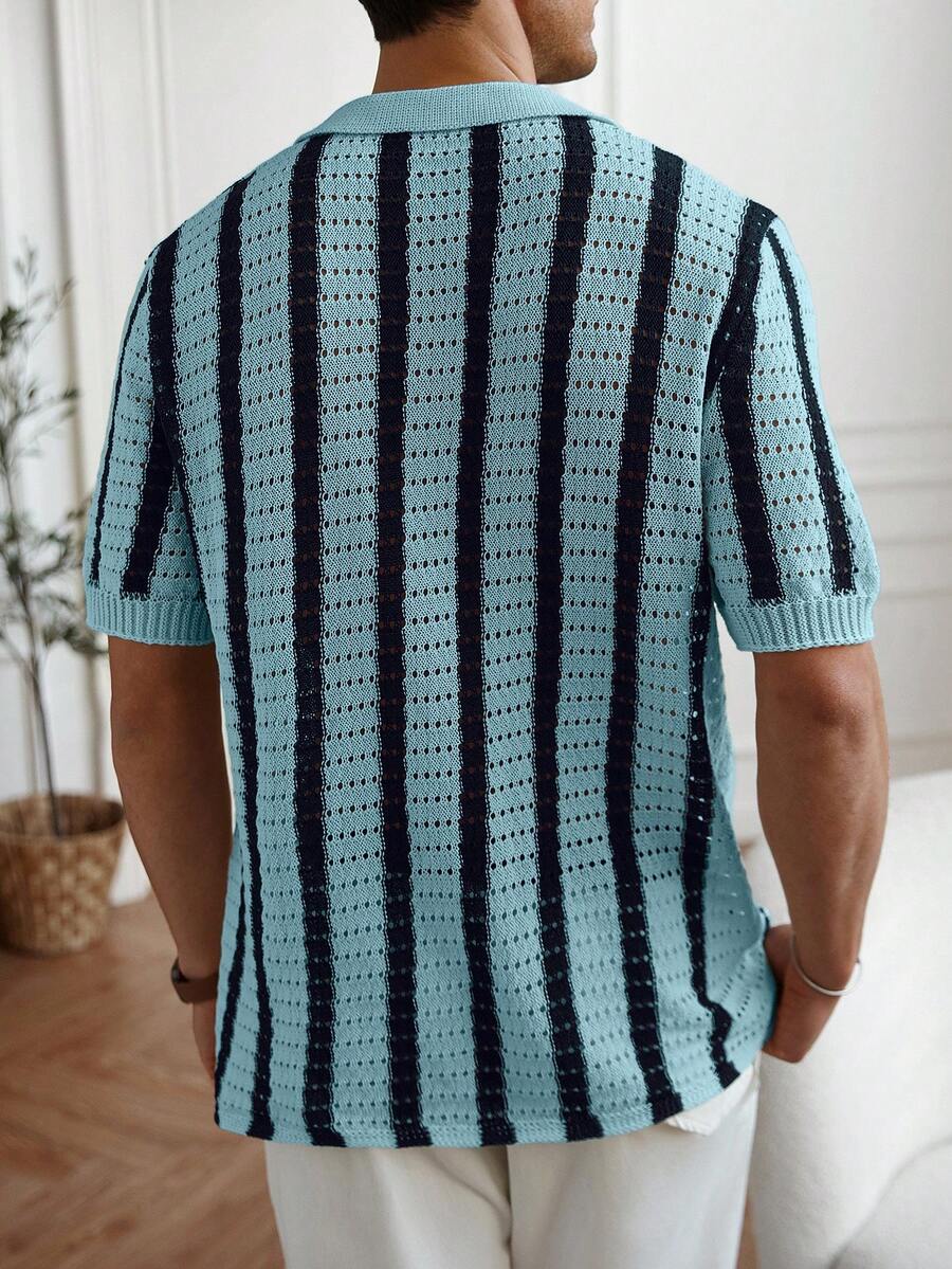 Mens Short Sleeve Crochet Knit Shirt Stripe Button Front – Vanto