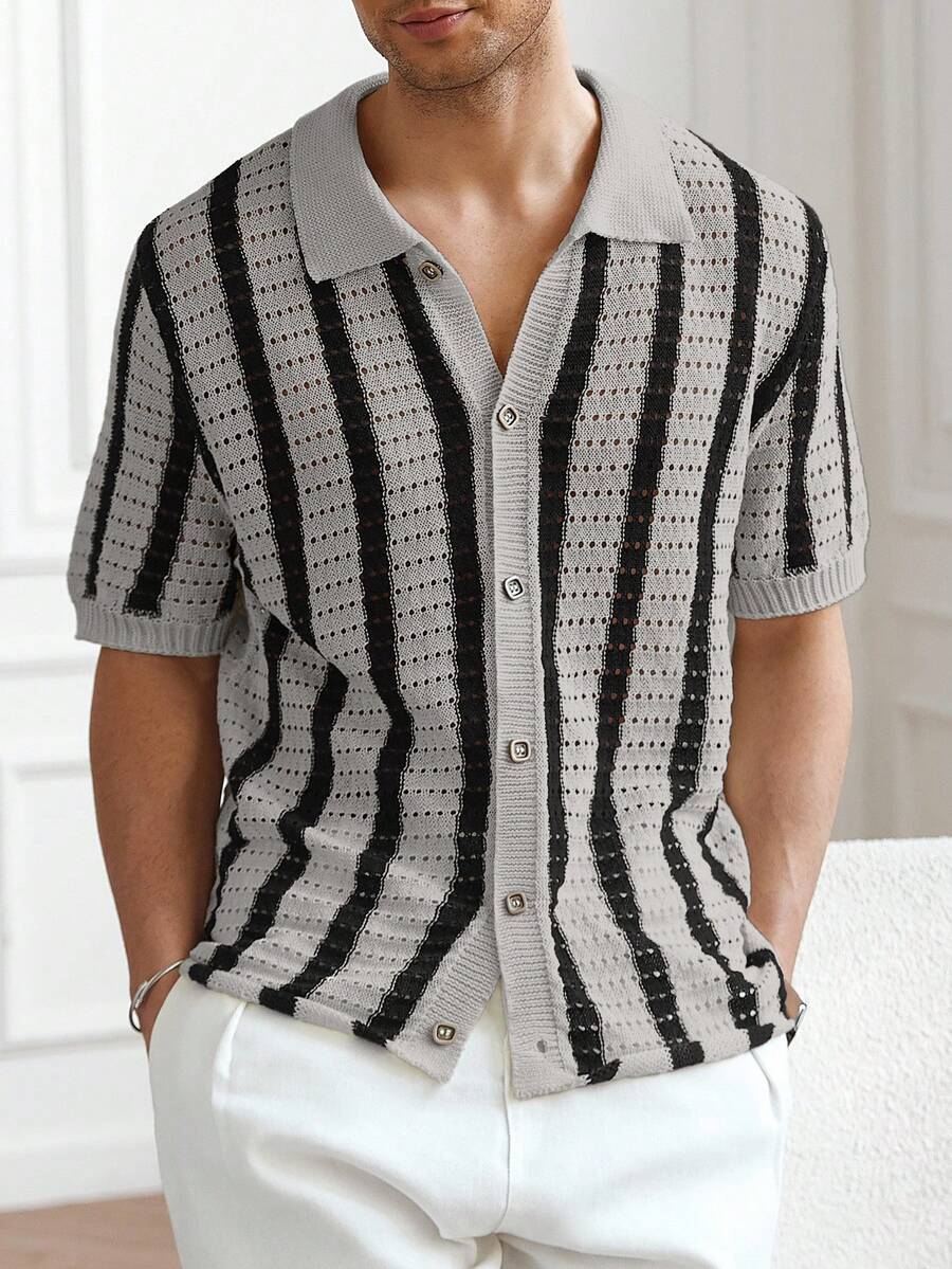 Mens Short Sleeve Crochet Knit Shirt Stripe Button Front – Vanto