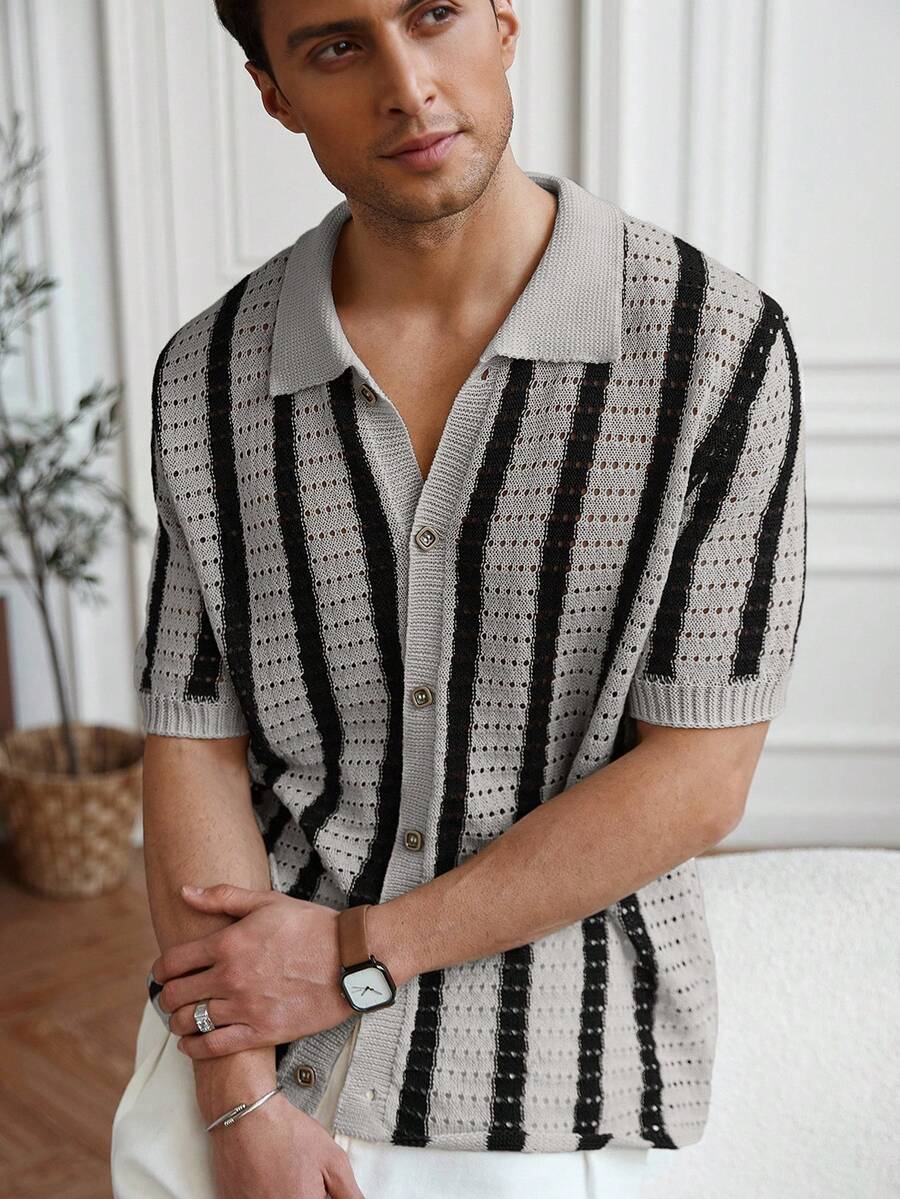 Mens Short Sleeve Crochet Knit Shirt Stripe Button Front – Vanto
