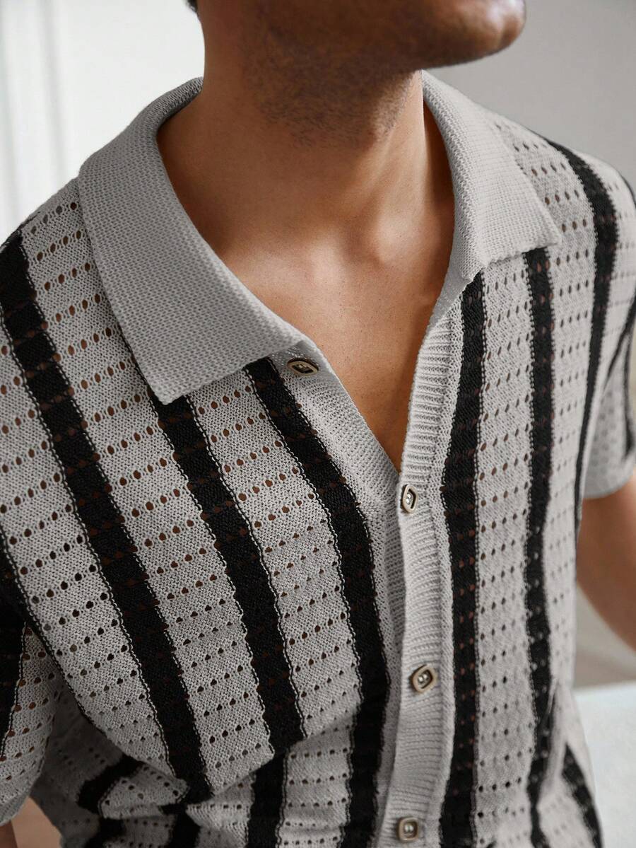 Mens Short Sleeve Crochet Knit Shirt Stripe Button Front – Vanto