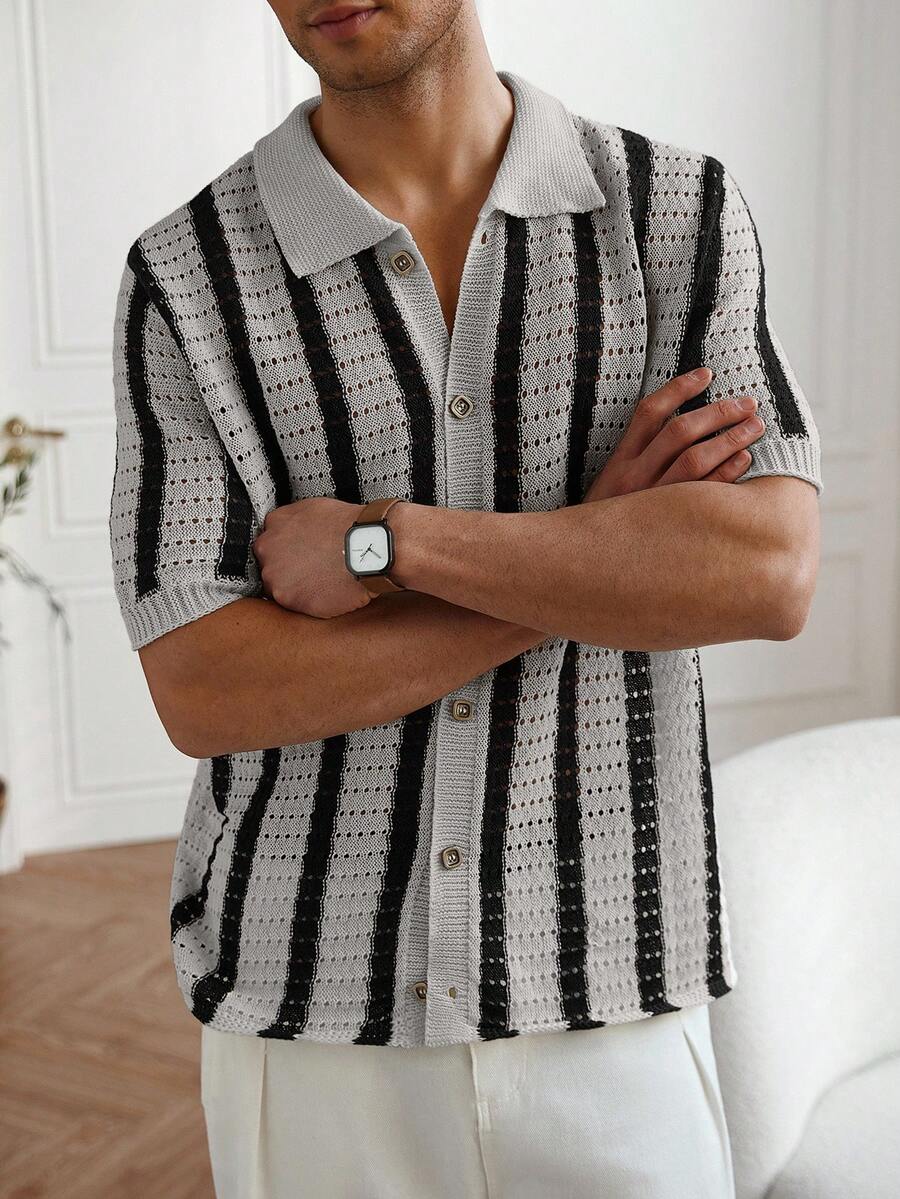 Mens Short Sleeve Crochet Knit Shirt Stripe Button Front – Vanto