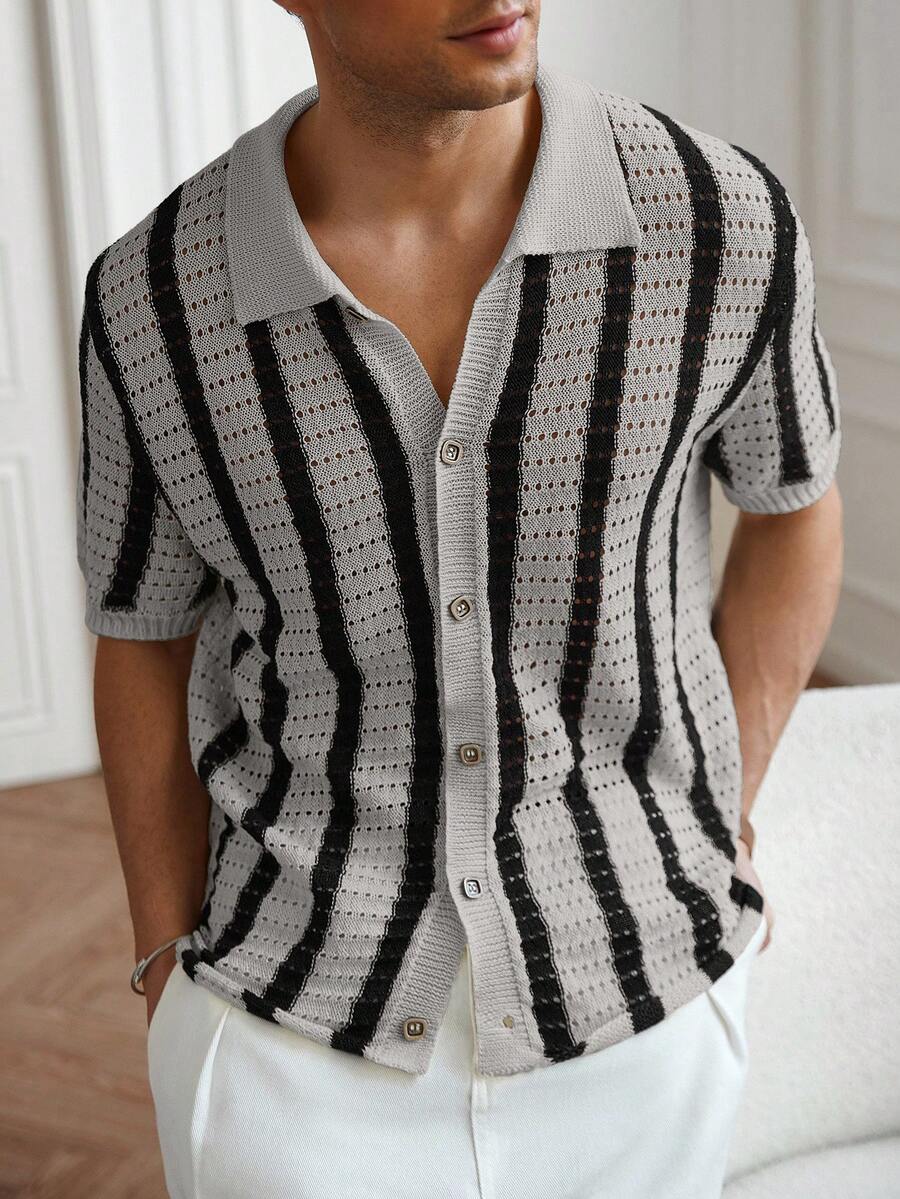 Mens Short Sleeve Crochet Knit Shirt Stripe Button Front – Vanto