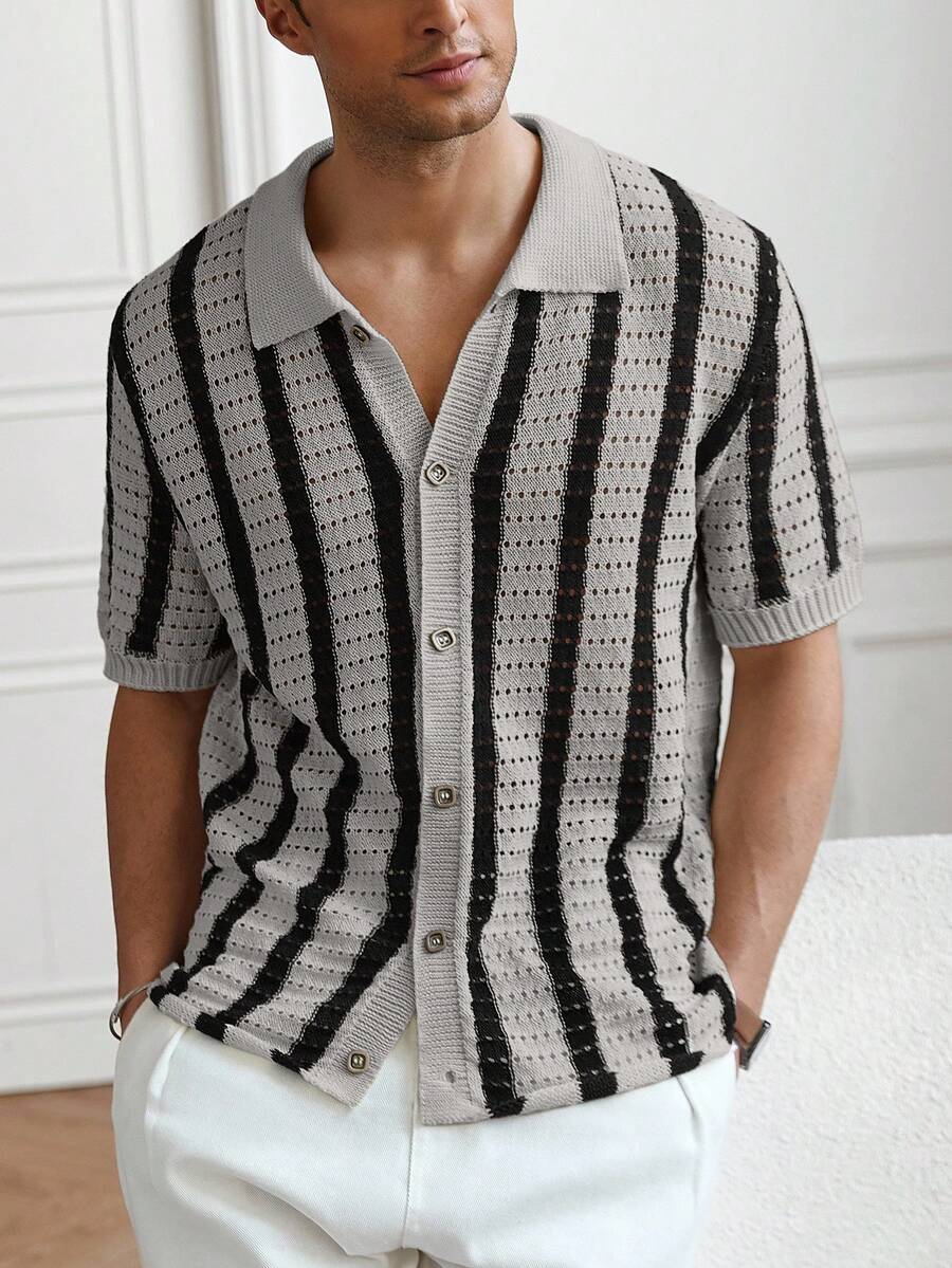 Mens Short Sleeve Crochet Knit Shirt Stripe Button Front – Vanto