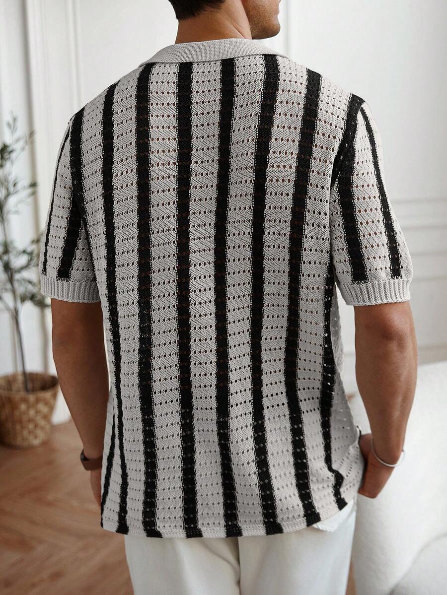 Mens Short Sleeve Crochet Knit Shirt Stripe Button Front – Vanto