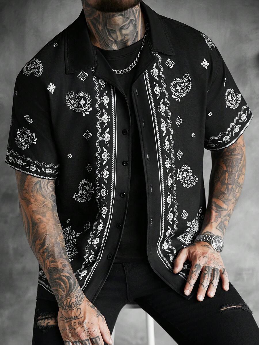 Mens Short Sleeve Crochet Shirt Jacquard Stripe Loose Fit – Darco