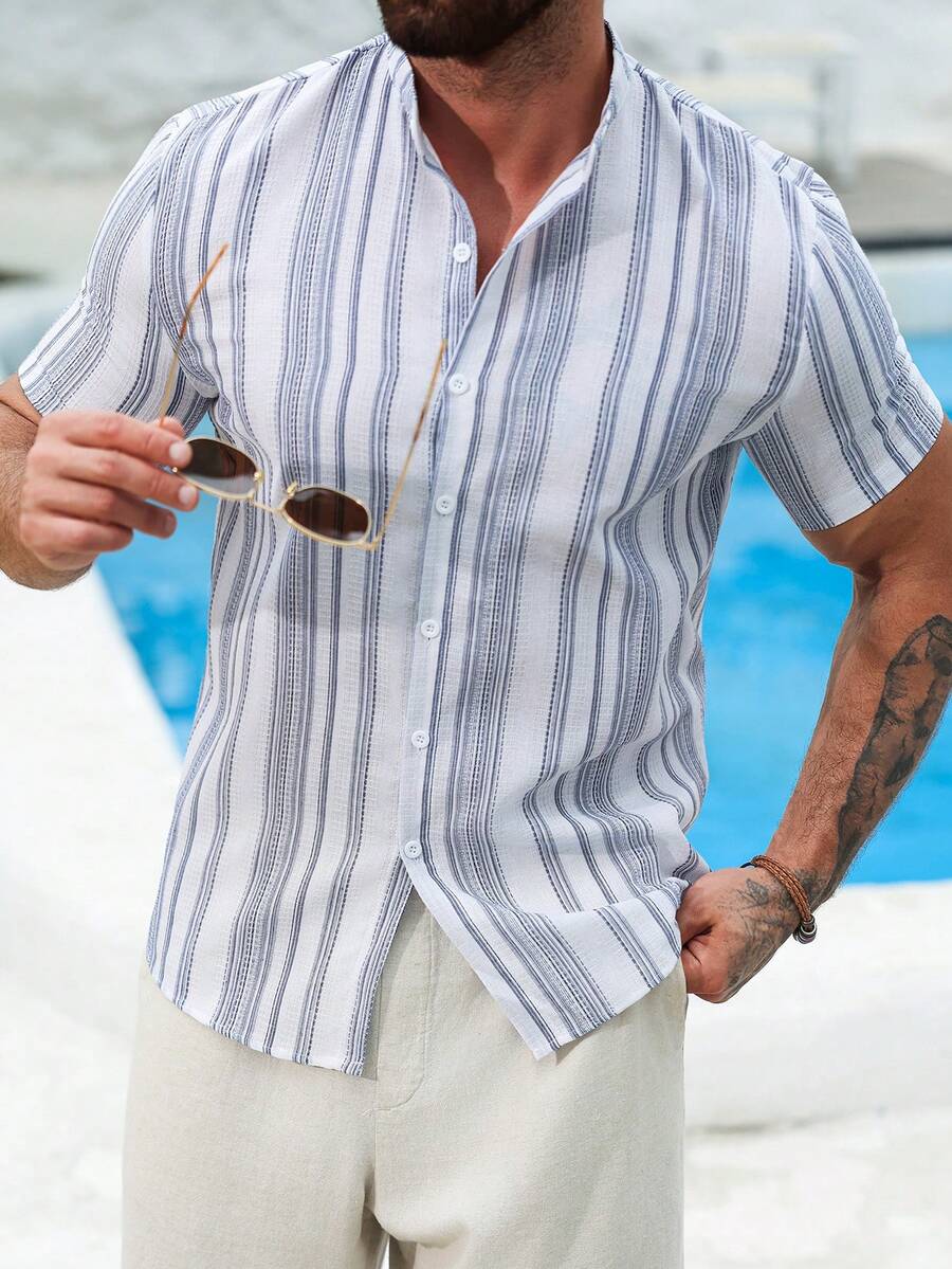Mens Short Sleeve Button-Down Shirt Polyester Blend Regular Fit – Faldon