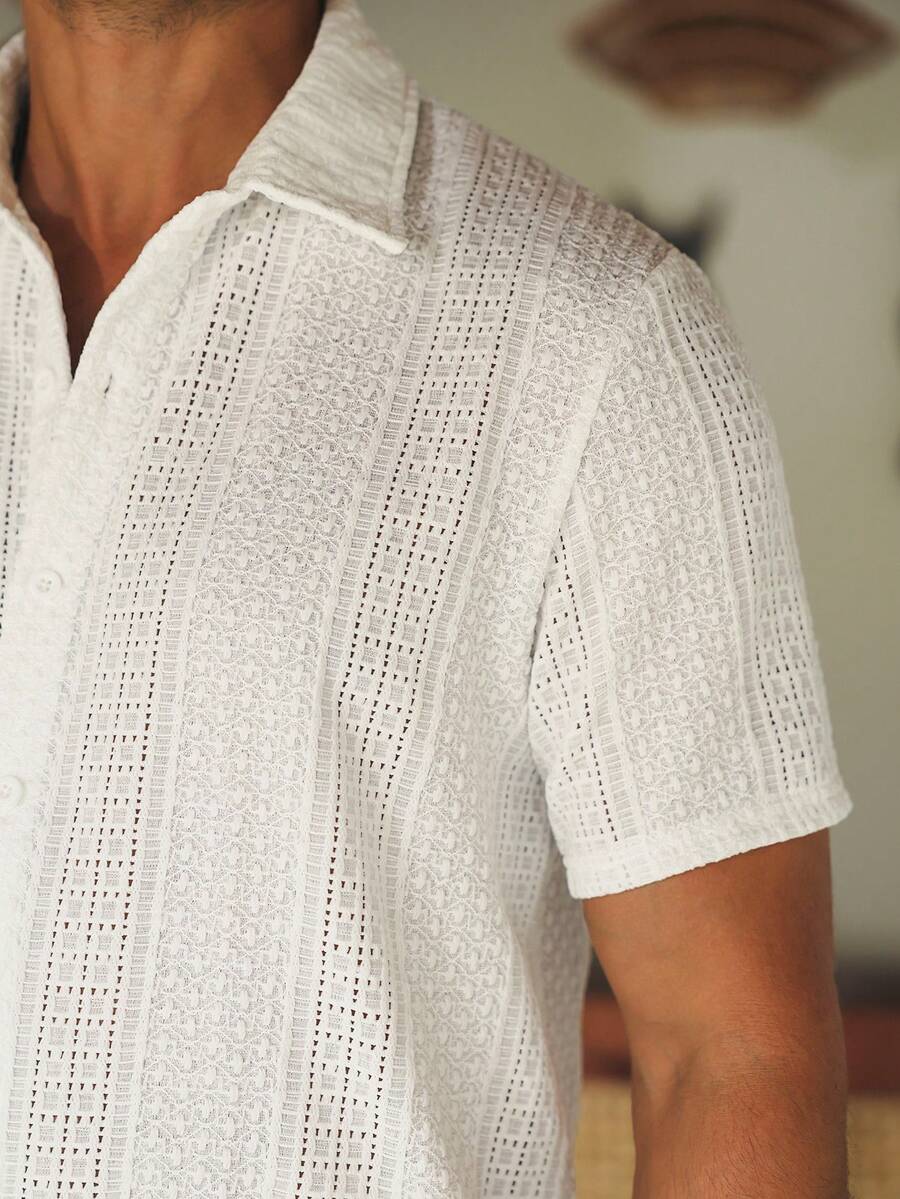 Mens Short Sleeve Button-Down Shirt Polyester Blend Regular Fit – Faldon