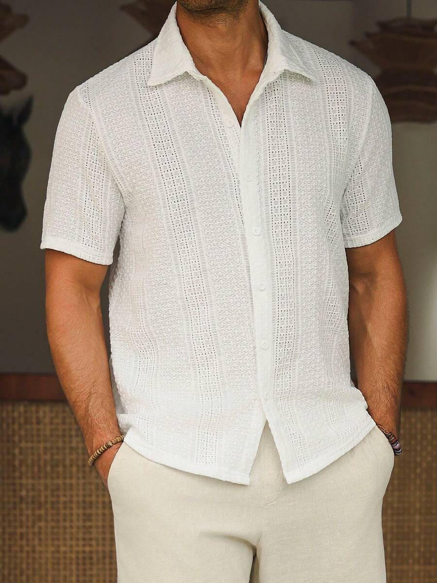 Mens Short Sleeve Button-Down Shirt Polyester Blend Regular Fit – Faldon